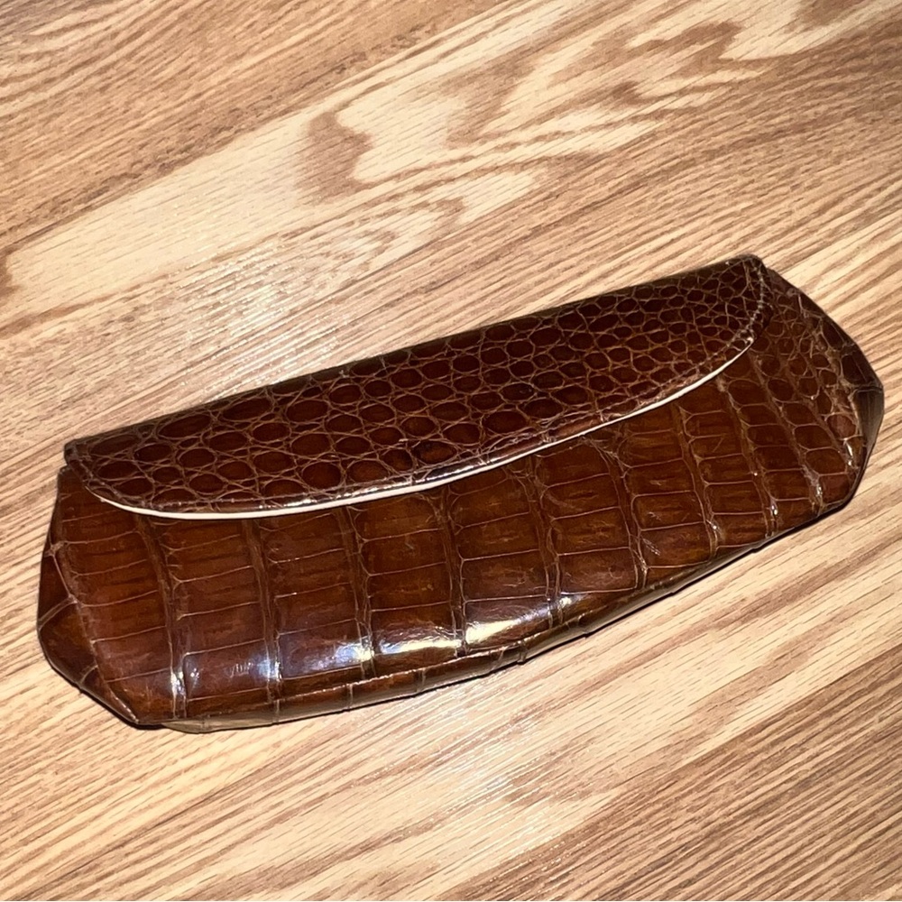 Vintage crocodile & kid leather clutch‎ brown with attached coin purse